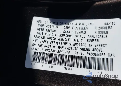 2017 Honda Accord Ex-L from USA, damaged, VIN 1HGCR2F80HA043210